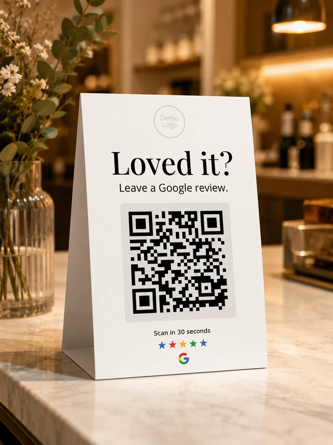 Premium fancy review table tent at a reception counter
