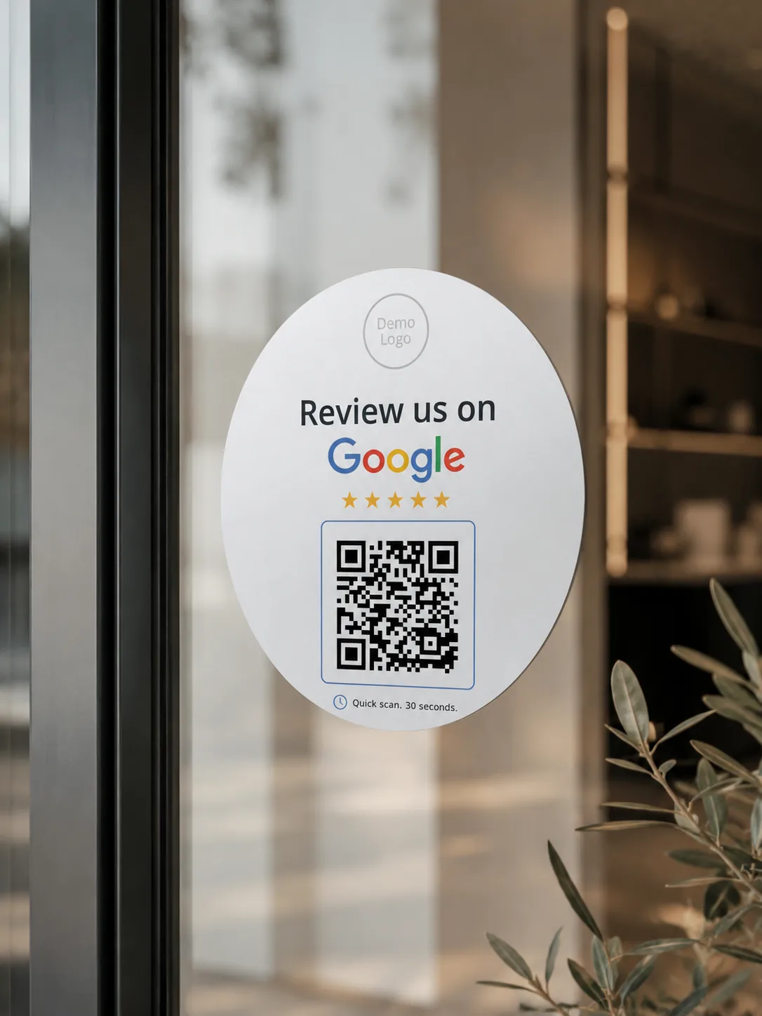 Premium clean QR review sticker on packaging
